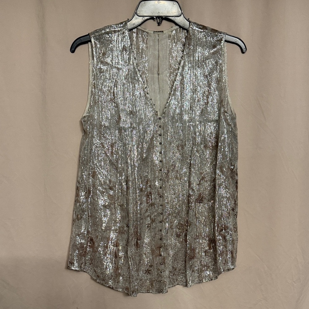 Elie Tahari Metallic Silk Sleeveless Top, Size XS, Color Cream/Silver